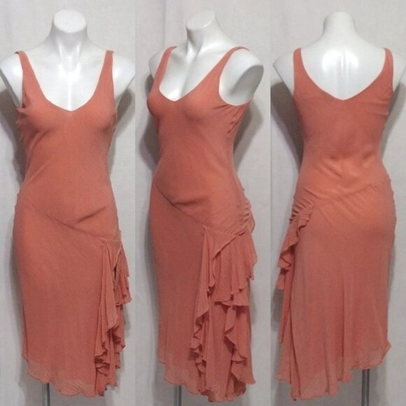 Theory Sleeveless Chiffon Silk Blend Drapey Ruffled Trim Side Slit Midi Dress 4